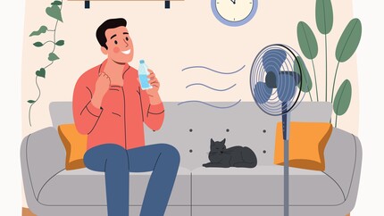 illustratie van man op bank die het warm heeft en voor ventilator zit